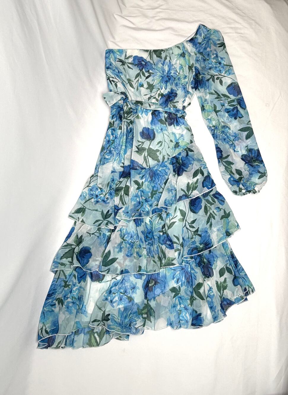Lulus Womens S Blue Floral One Shoulder Tiered Ruffle Chiffon Dress NWT